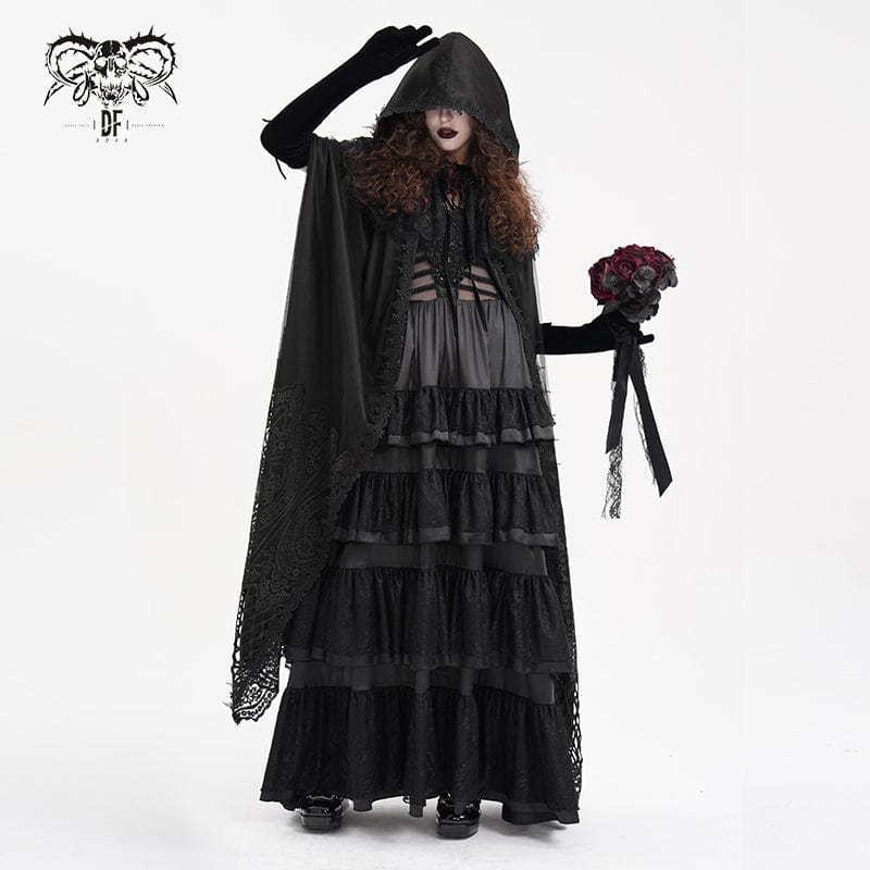 Women's Gothic Lace Tassels Mesh Cloak with Hood