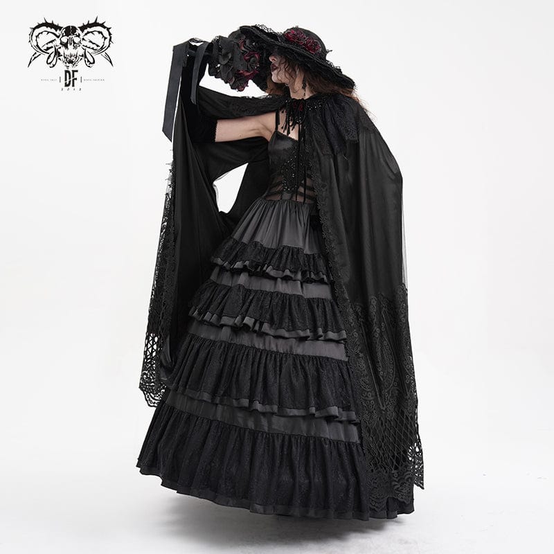 Women's Gothic Lace Tassels Mesh Cloak with Hood