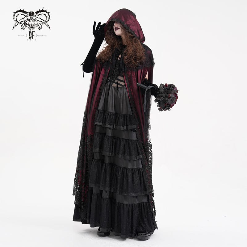 Women's Gothic Lace Tassels Mesh Cloak with Hood Red
