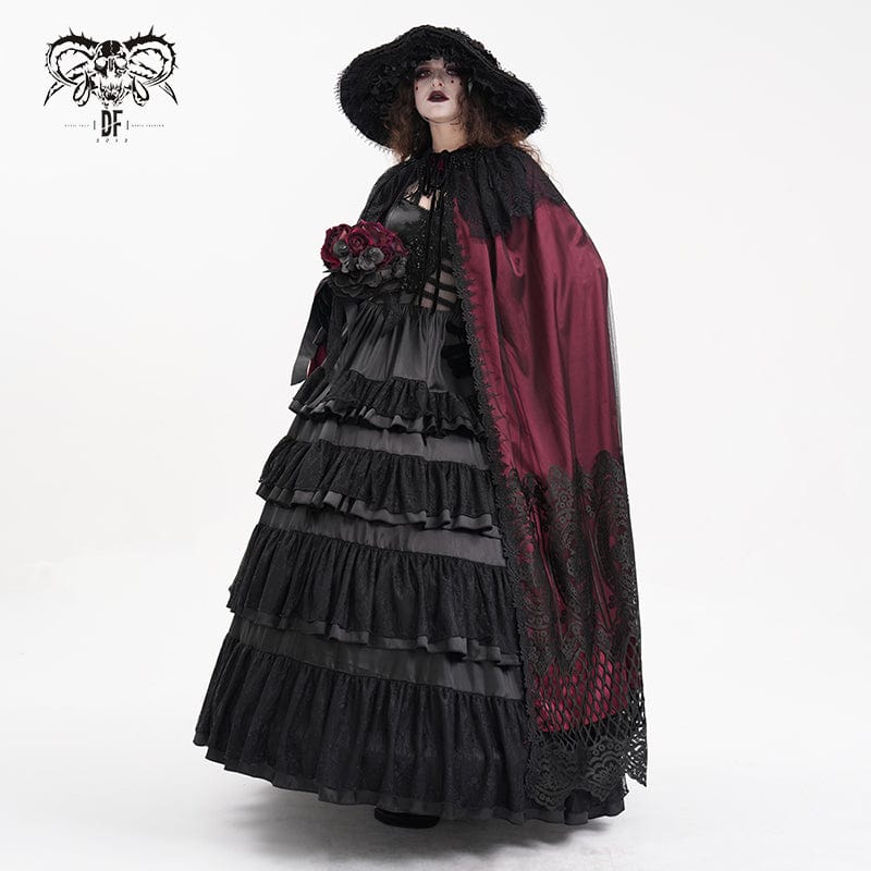 Women's Gothic Lace Tassels Mesh Cloak with Hood Red