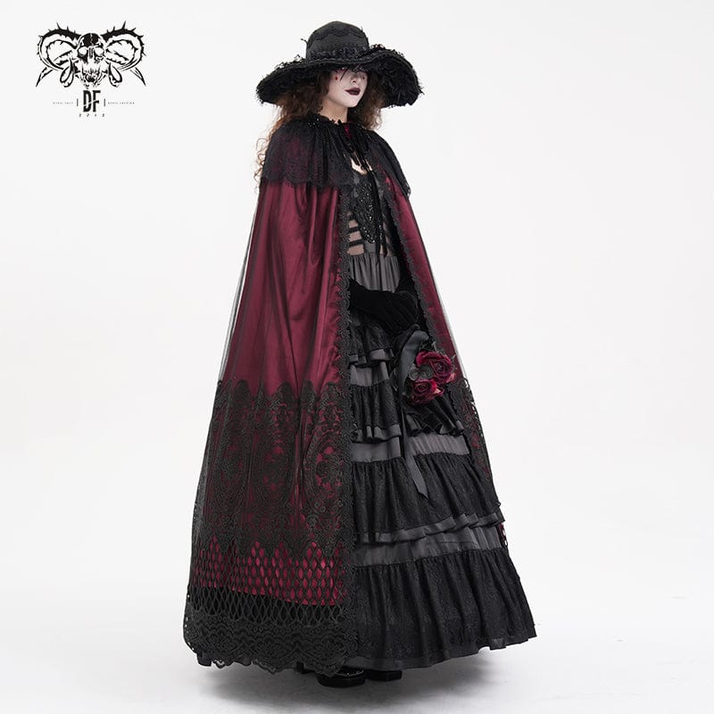 Women's Gothic Lace Tassels Mesh Cloak with Hood Red