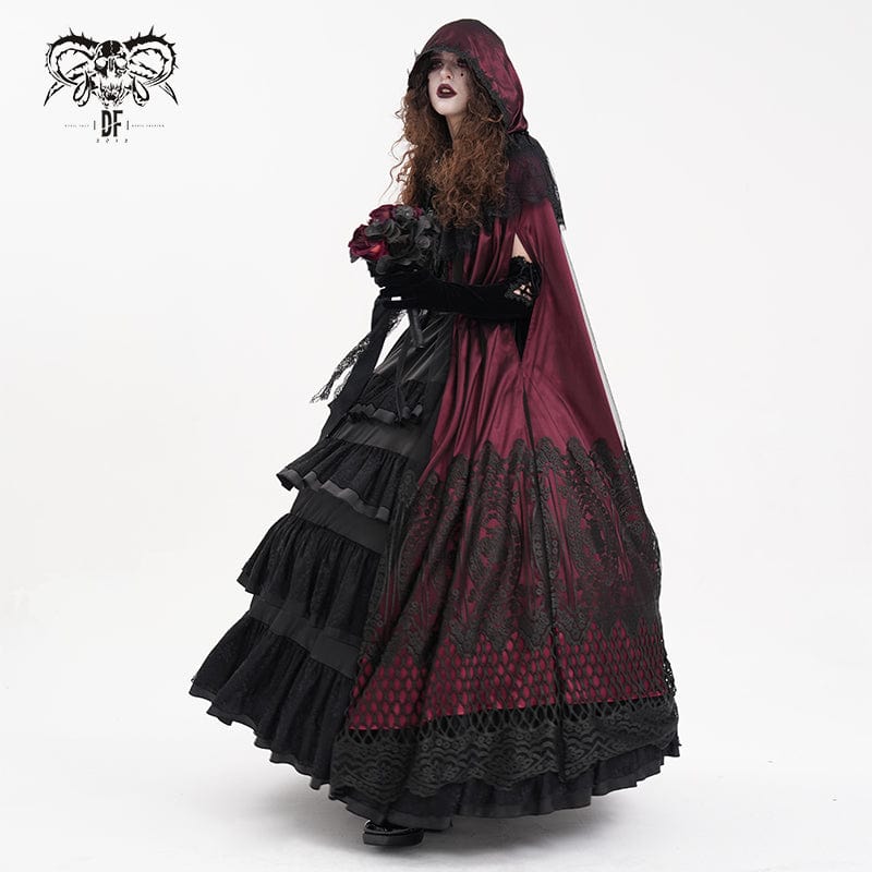Women's Gothic Lace Tassels Mesh Cloak with Hood Red