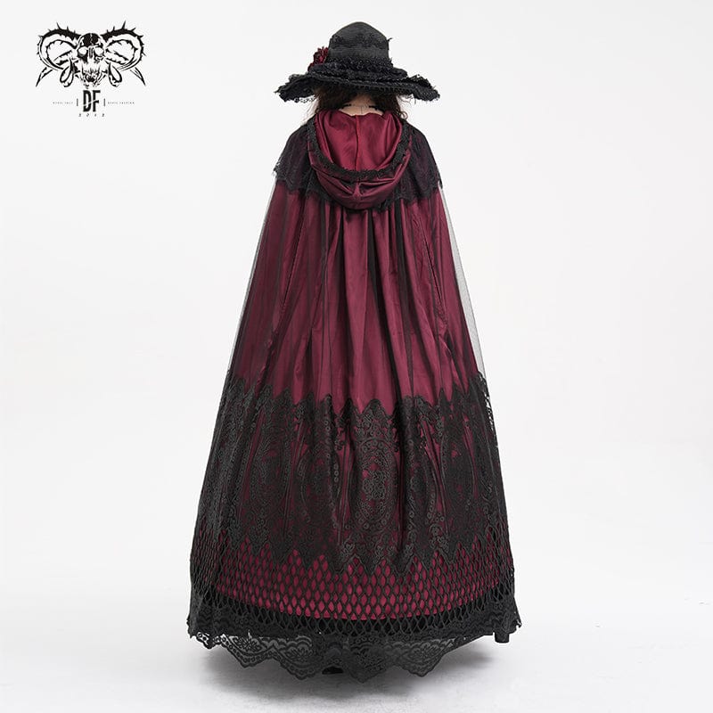 Women's Gothic Lace Tassels Mesh Cloak with Hood Red