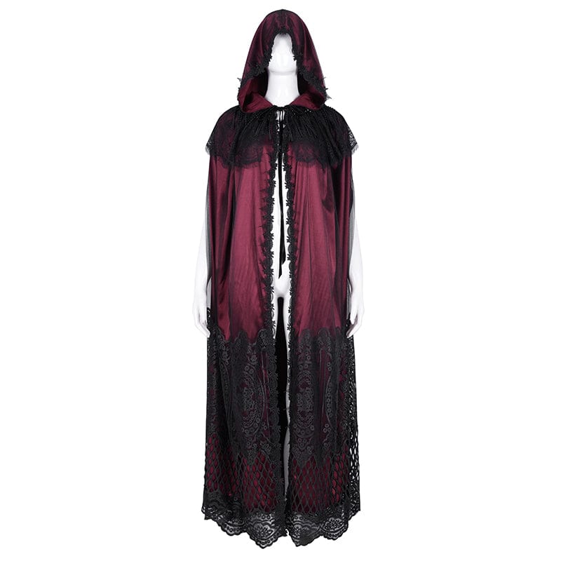 Women's Gothic Lace Tassels Mesh Cloak with Hood Red