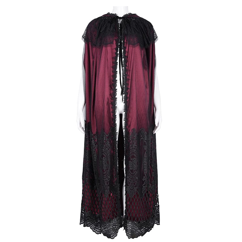 Women's Gothic Lace Tassels Mesh Cloak with Hood Red