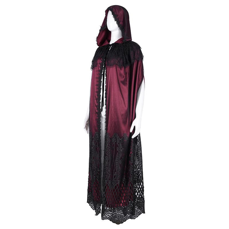 Women's Gothic Lace Tassels Mesh Cloak with Hood Red