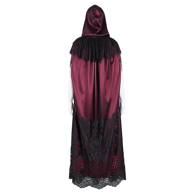 Women's Gothic Lace Tassels Mesh Cloak with Hood Red