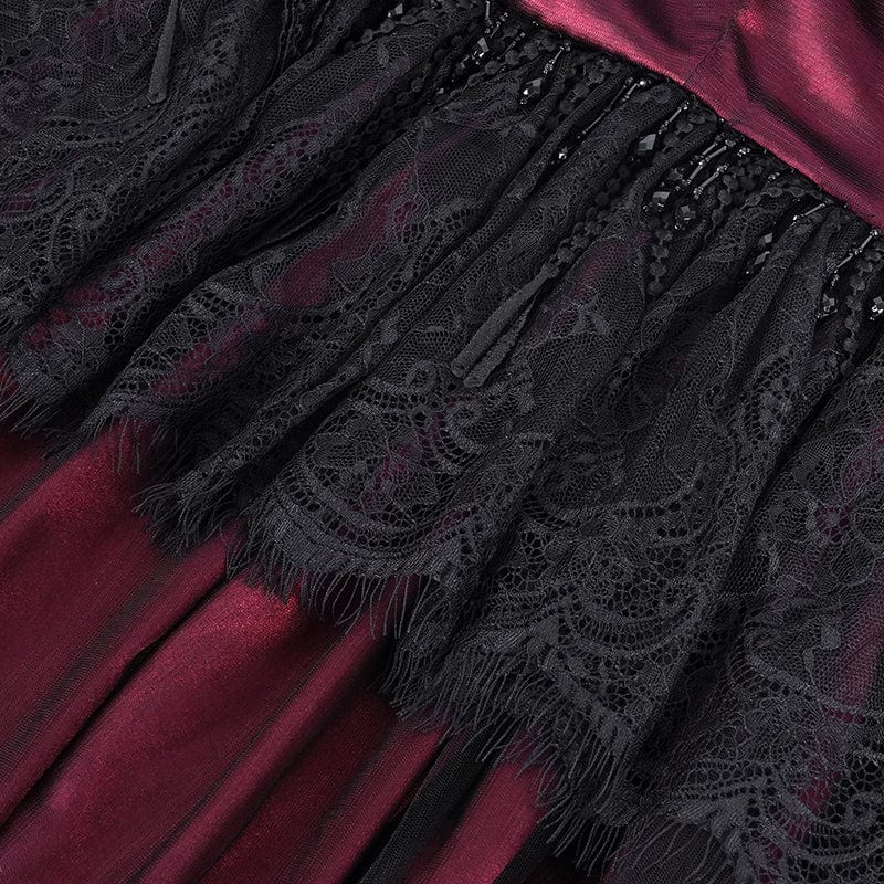 Women's Gothic Lace Tassels Mesh Cloak with Hood Red