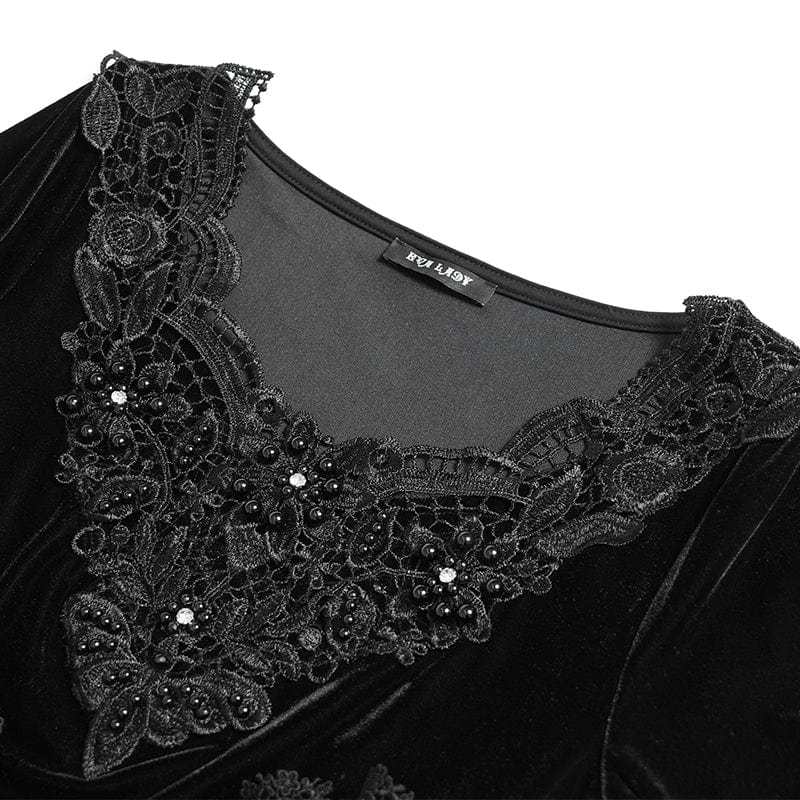 Women's Gothic Lace-up Beaded Ruched Velvet Long Sleeved Shirt