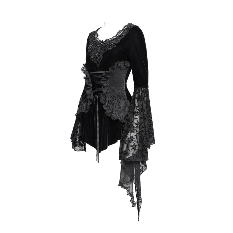 Women's Gothic Lace-up Beaded Ruched Velvet Long Sleeved Shirt