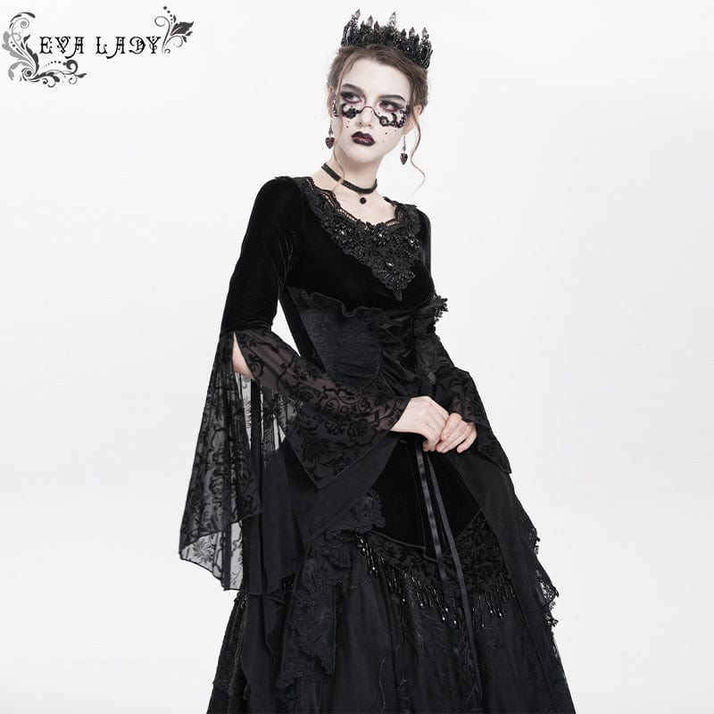 Women's Gothic Lace-up Beaded Ruched Velvet Long Sleeved Shirt