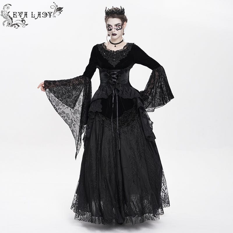 Women's Gothic Lace-up Beaded Ruched Velvet Long Sleeved Shirt