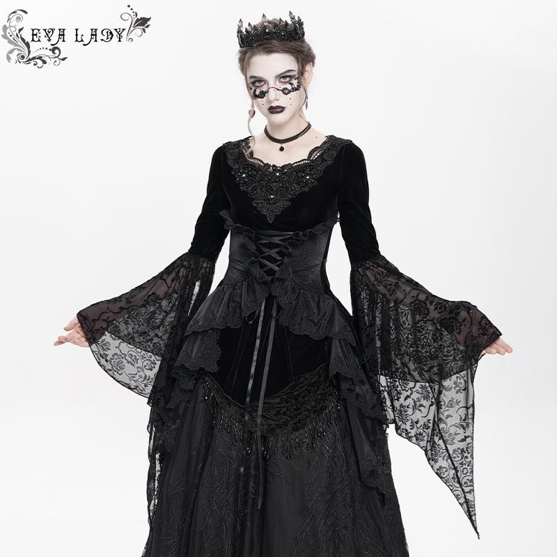 Women's Gothic Lace-up Beaded Ruched Velvet Long Sleeved Shirt