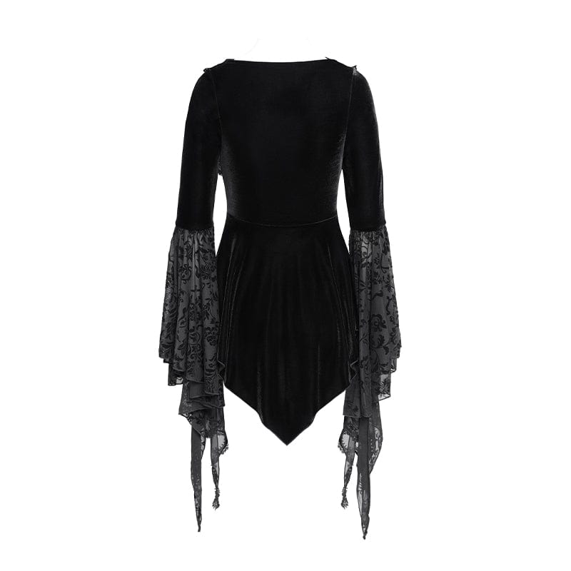 Women's Gothic Lace-up Beaded Ruched Velvet Long Sleeved Shirt