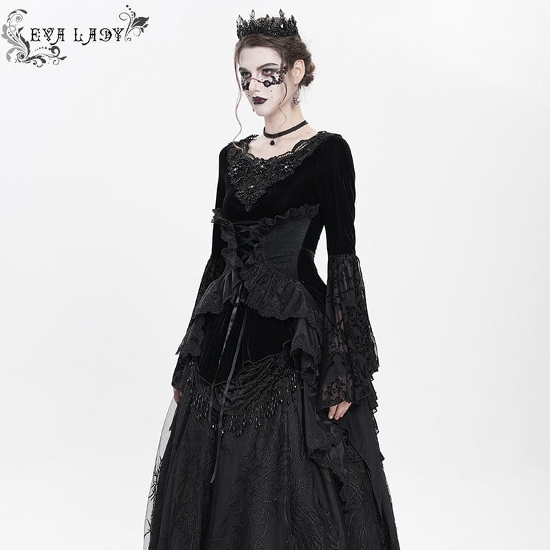 Women's Gothic Lace-up Beaded Ruched Velvet Long Sleeved Shirt