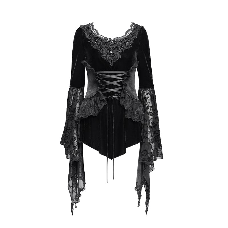 Women's Gothic Lace-up Beaded Ruched Velvet Long Sleeved Shirt