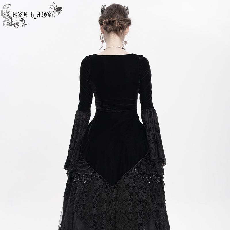 Women's Gothic Lace-up Beaded Ruched Velvet Long Sleeved Shirt