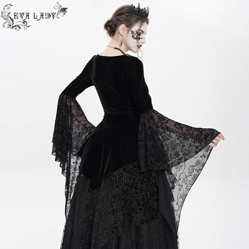 Women's Gothic Lace-up Beaded Ruched Velvet Long Sleeved Shirt