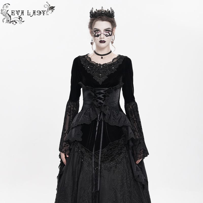 Women's Gothic Lace-up Beaded Ruched Velvet Long Sleeved Shirt