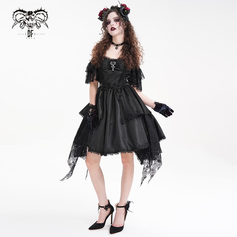 Women's Gothic Lace-up Halter Lace Irregular Hem Dress