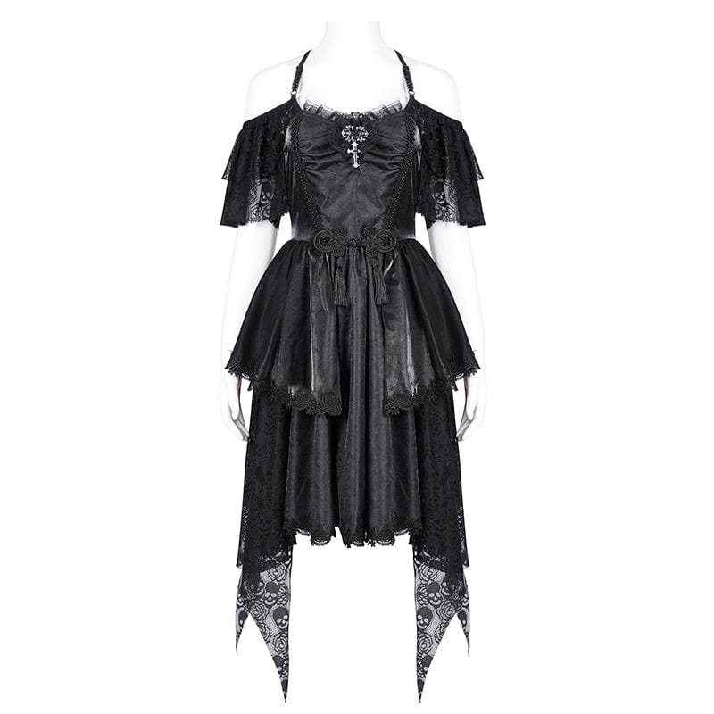 Women's Gothic Lace-up Halter Lace Irregular Hem Dress