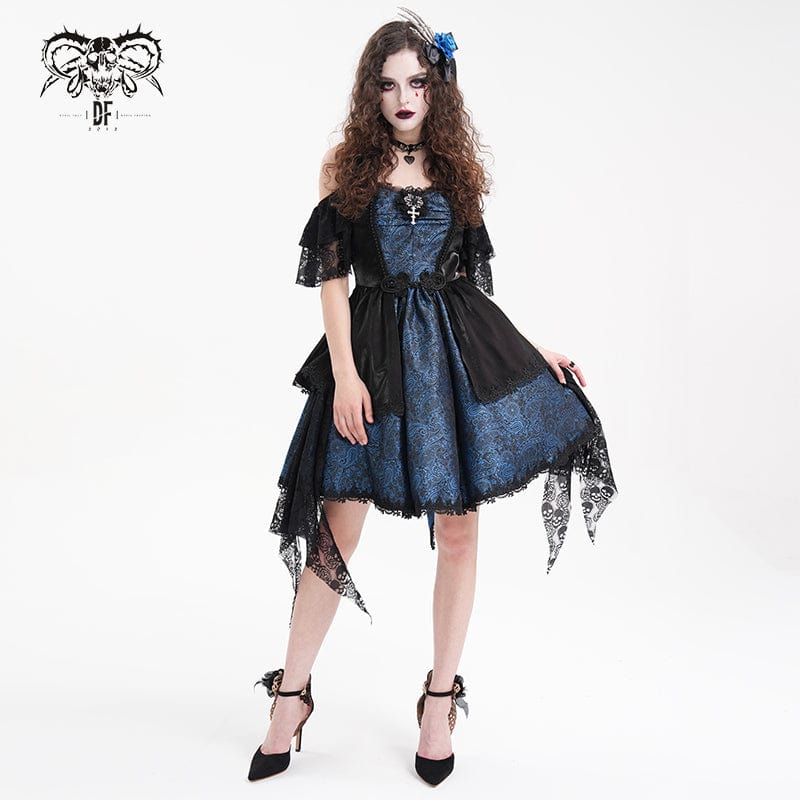 Women's Gothic Lace-up Halter Lace Irregular Hem Dress Blue