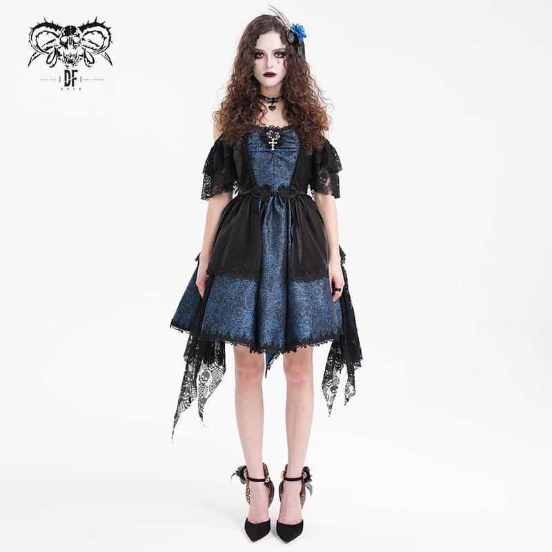 Women's Gothic Lace-up Halter Lace Irregular Hem Dress Blue