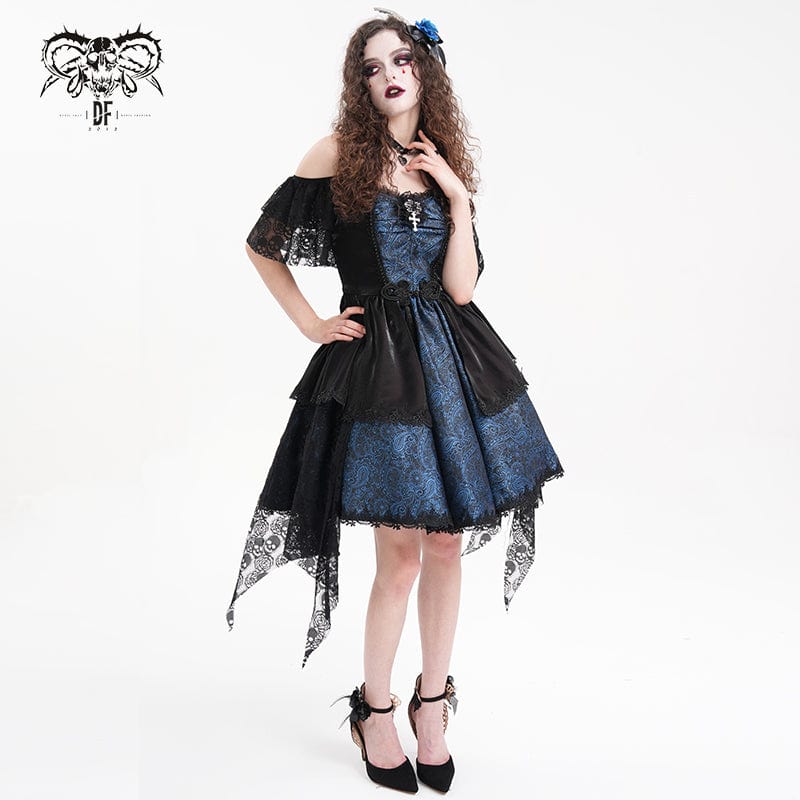 Women's Gothic Lace-up Halter Lace Irregular Hem Dress Blue