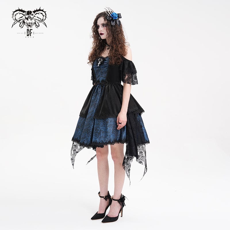 Women's Gothic Lace-up Halter Lace Irregular Hem Dress Blue