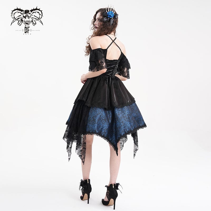 Women's Gothic Lace-up Halter Lace Irregular Hem Dress Blue