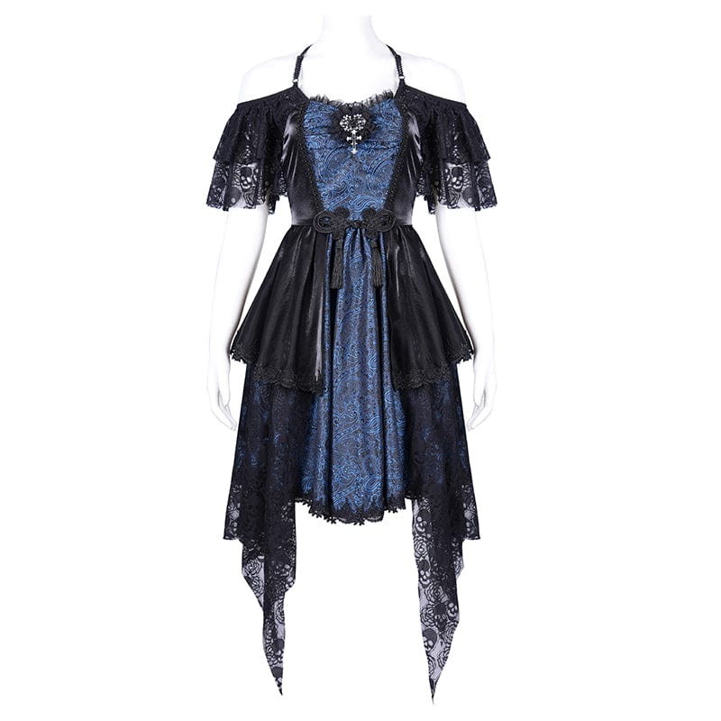 Women's Gothic Lace-up Halter Lace Irregular Hem Dress Blue