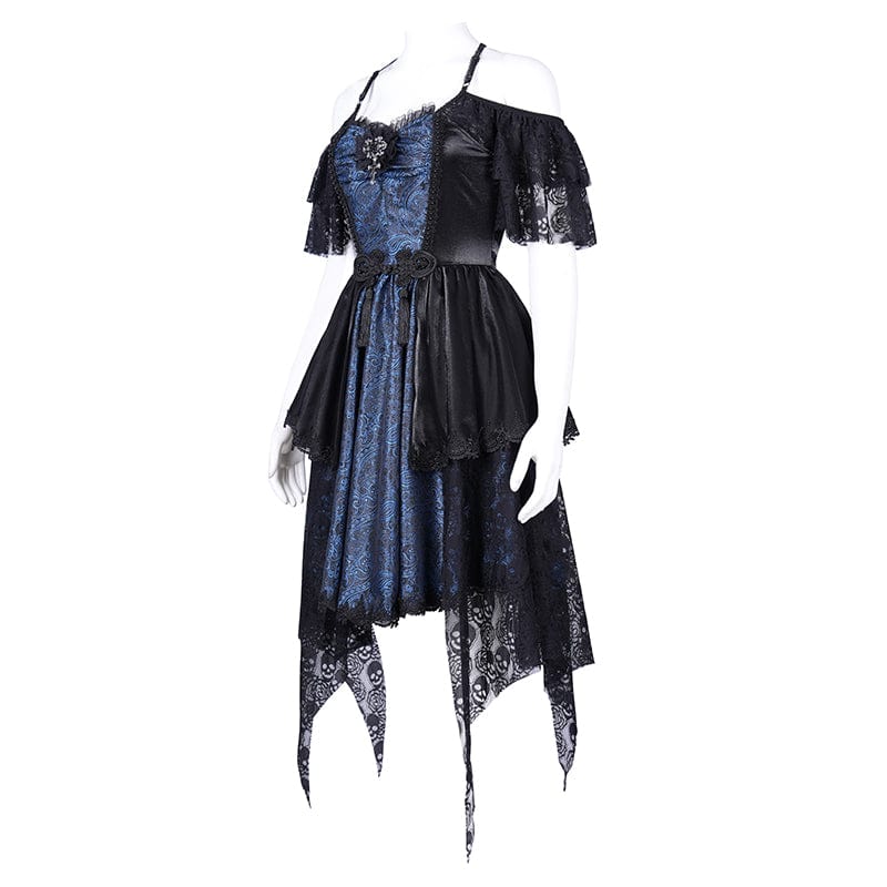 Women's Gothic Lace-up Halter Lace Irregular Hem Dress Blue