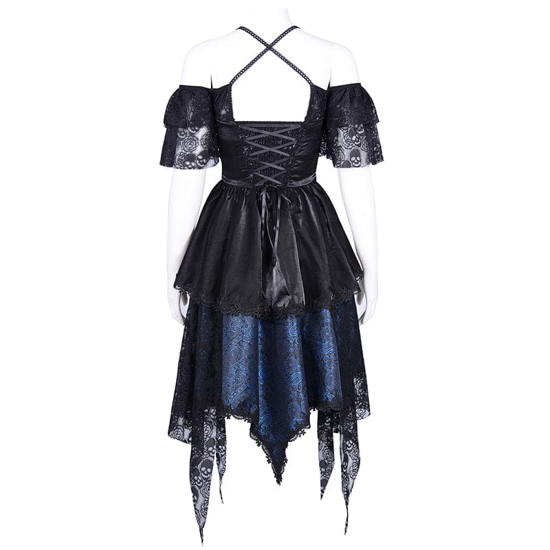 Women's Gothic Lace-up Halter Lace Irregular Hem Dress Blue