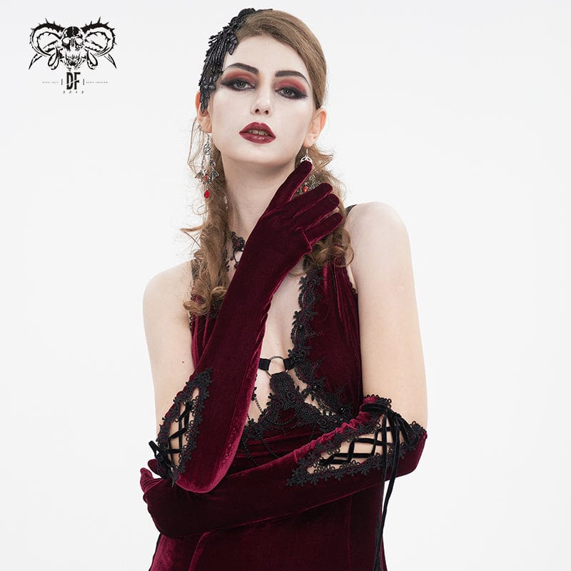 Women's Gothic Lace-up Lace Hem Velvet Gloves Red
