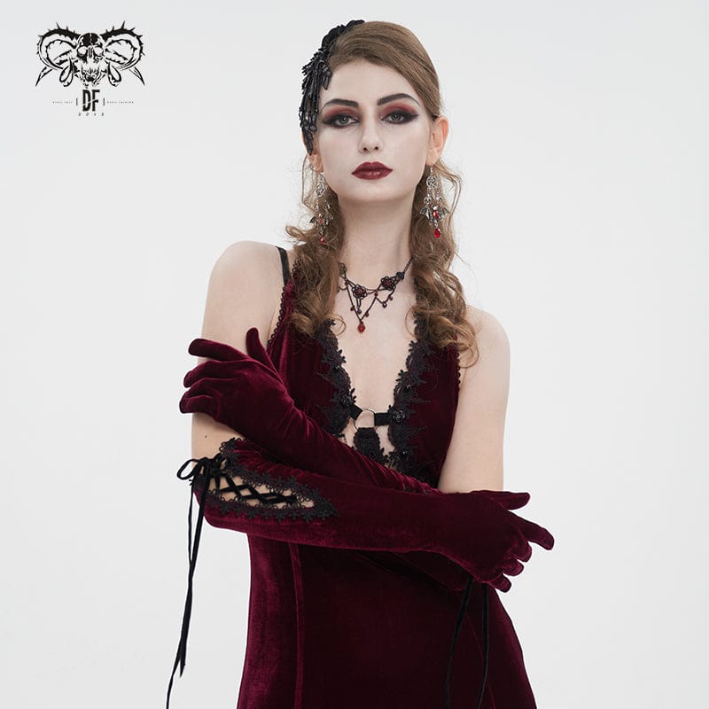 Women's Gothic Lace-up Lace Hem Velvet Gloves Red