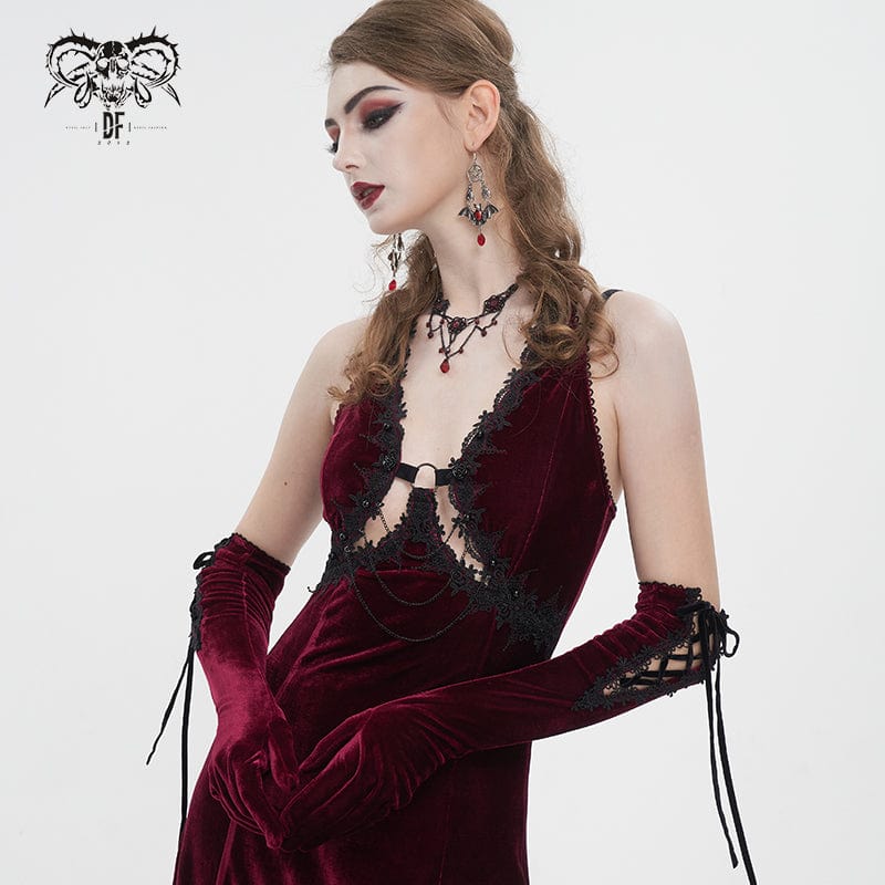 Women's Gothic Lace-up Lace Hem Velvet Gloves Red