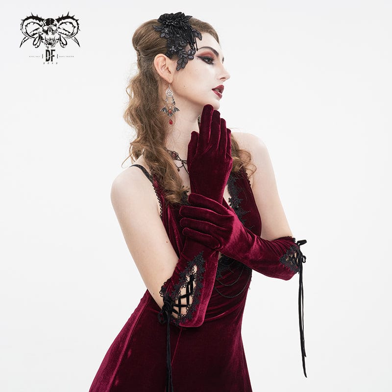 Women's Gothic Lace-up Lace Hem Velvet Gloves Red