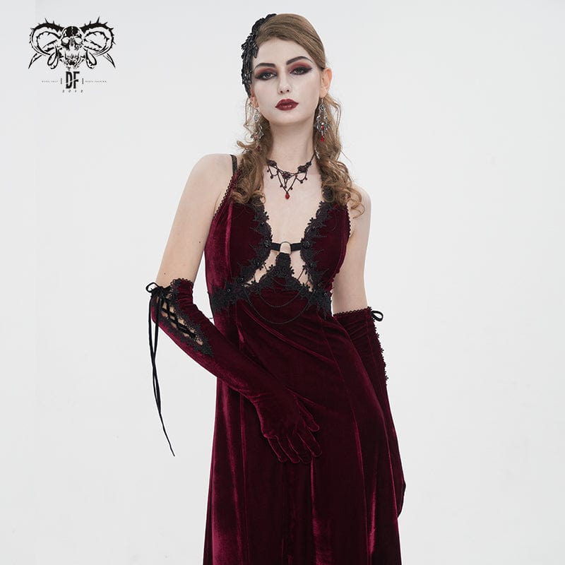 Women's Gothic Lace-up Lace Hem Velvet Gloves Red