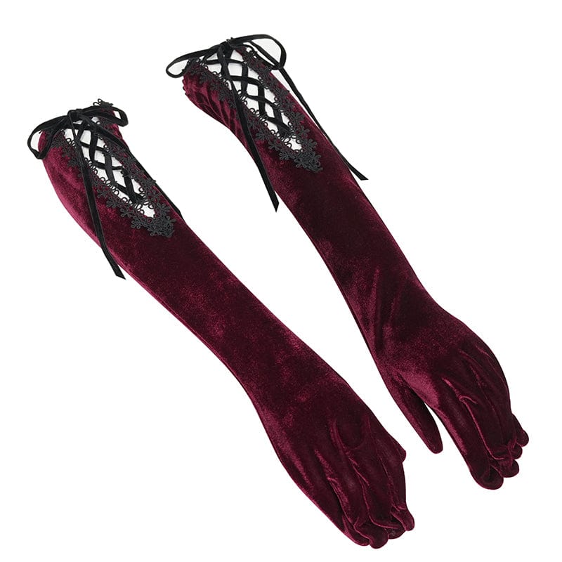 Women's Gothic Lace-up Lace Hem Velvet Gloves Red