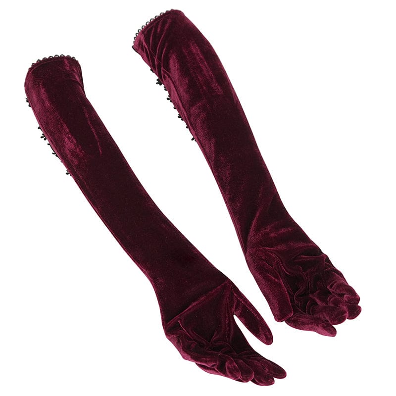 Women's Gothic Lace-up Lace Hem Velvet Gloves Red