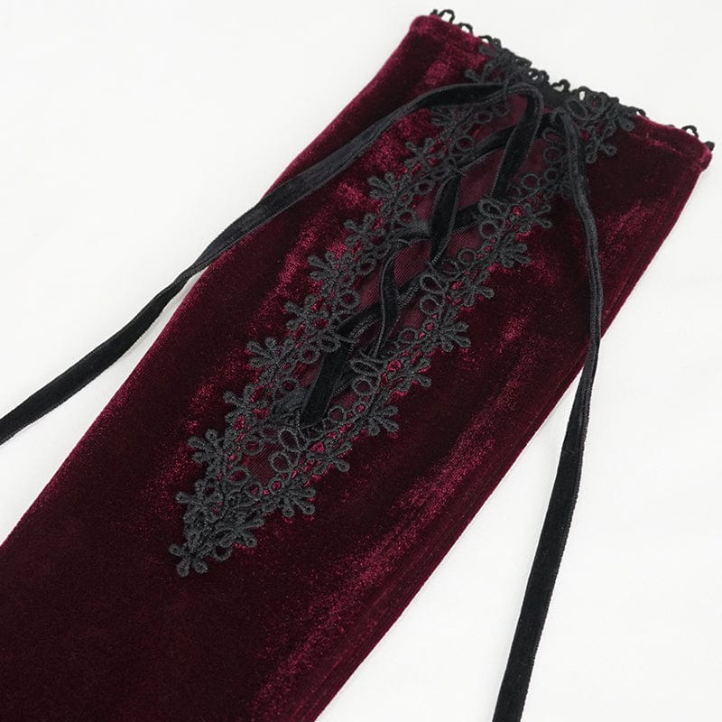 Women's Gothic Lace-up Lace Hem Velvet Gloves Red