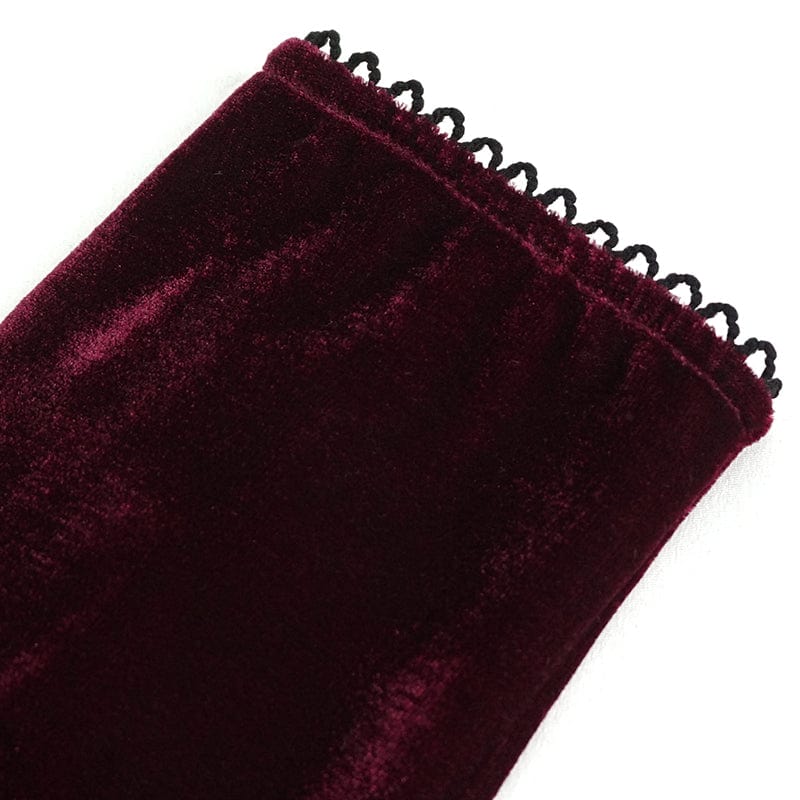 Women's Gothic Lace-up Lace Hem Velvet Gloves Red