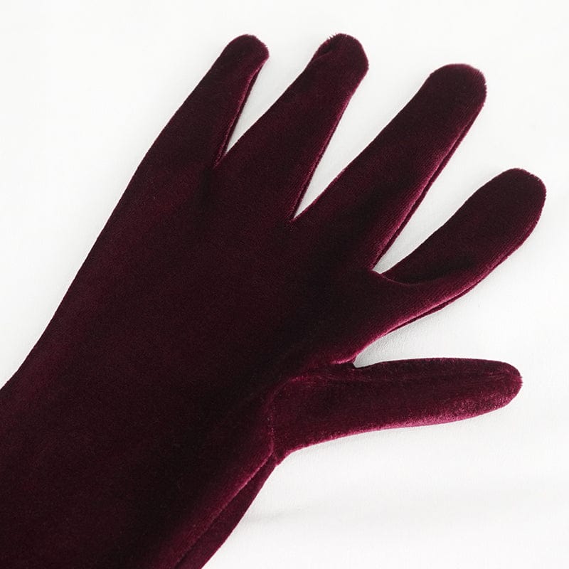 Women's Gothic Lace-up Lace Hem Velvet Gloves Red