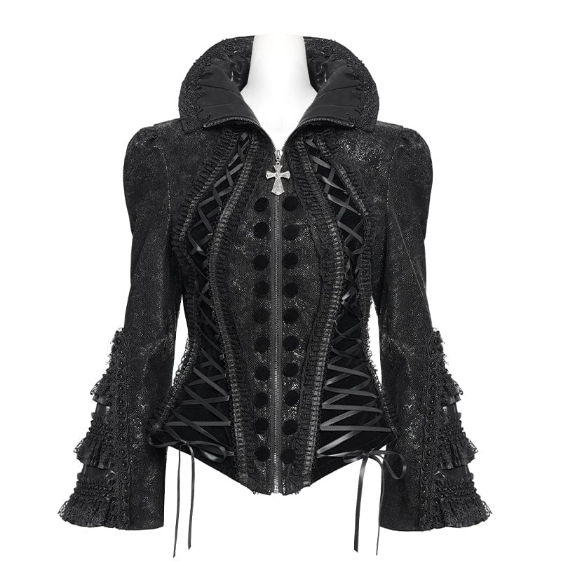 Women's Gothic Lace-up Turn-down Collar Flared Sleeved Jacket