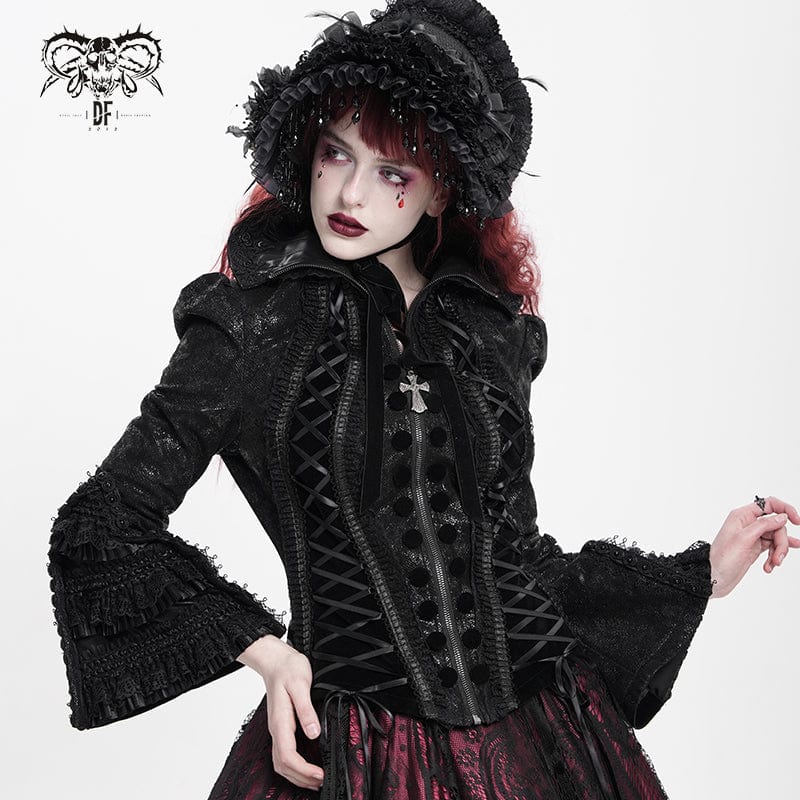 Women's Gothic Lace-up Turn-down Collar Flared Sleeved Jacket