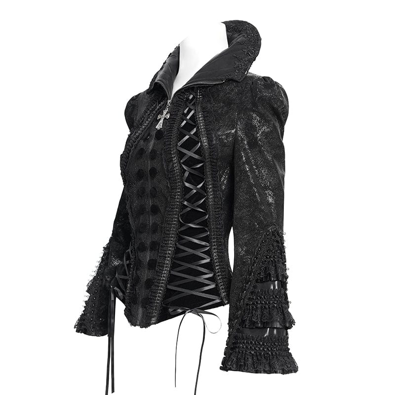 Women's Gothic Lace-up Turn-down Collar Flared Sleeved Jacket