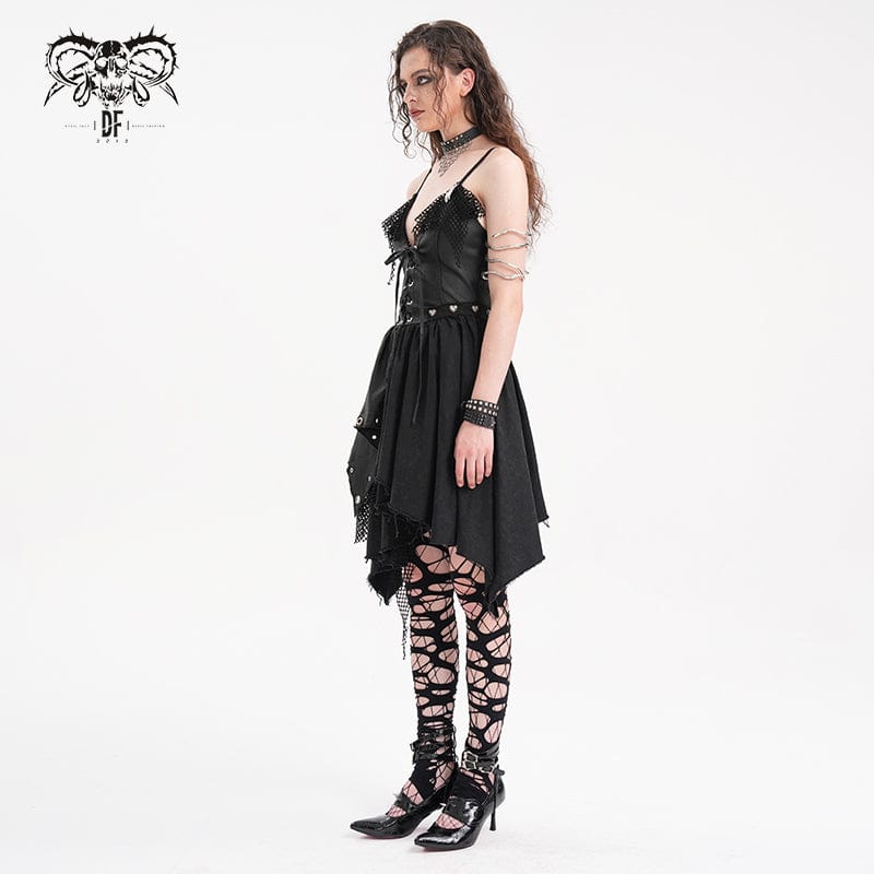 Women's Gothic Mesh Lace-up Irregular Slip Dress