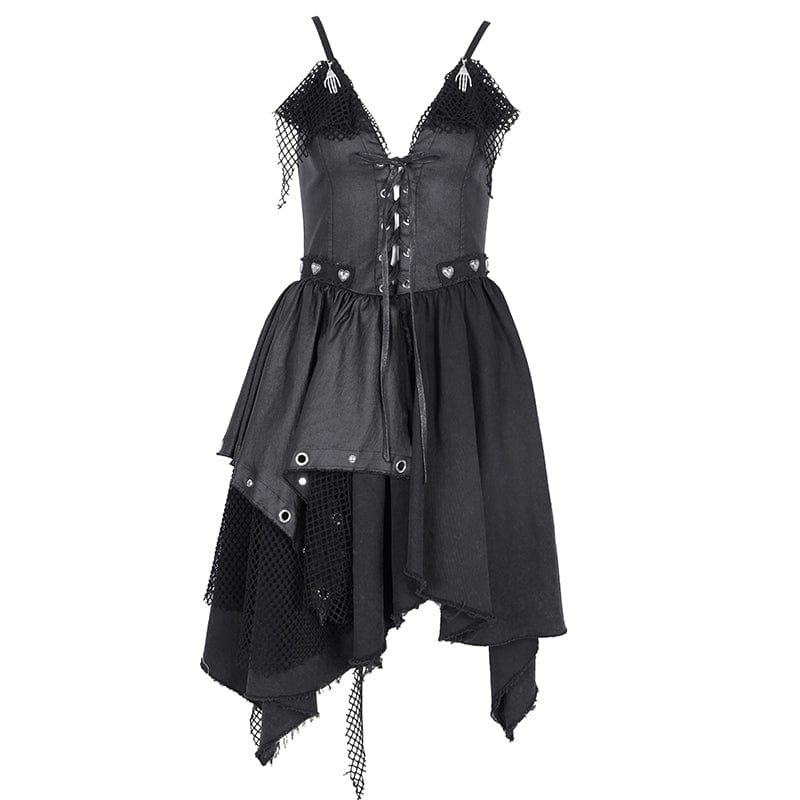 Women's Gothic Mesh Lace-up Irregular Slip Dress
