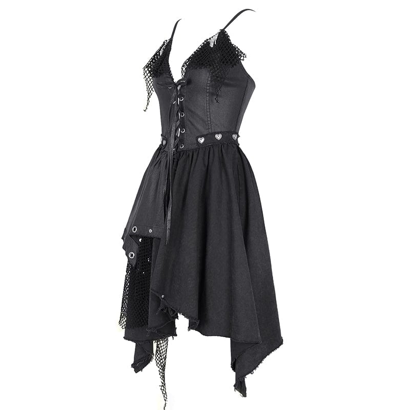 Women's Gothic Mesh Lace-up Irregular Slip Dress
