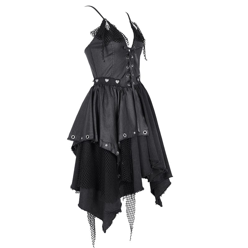 Women's Gothic Mesh Lace-up Irregular Slip Dress